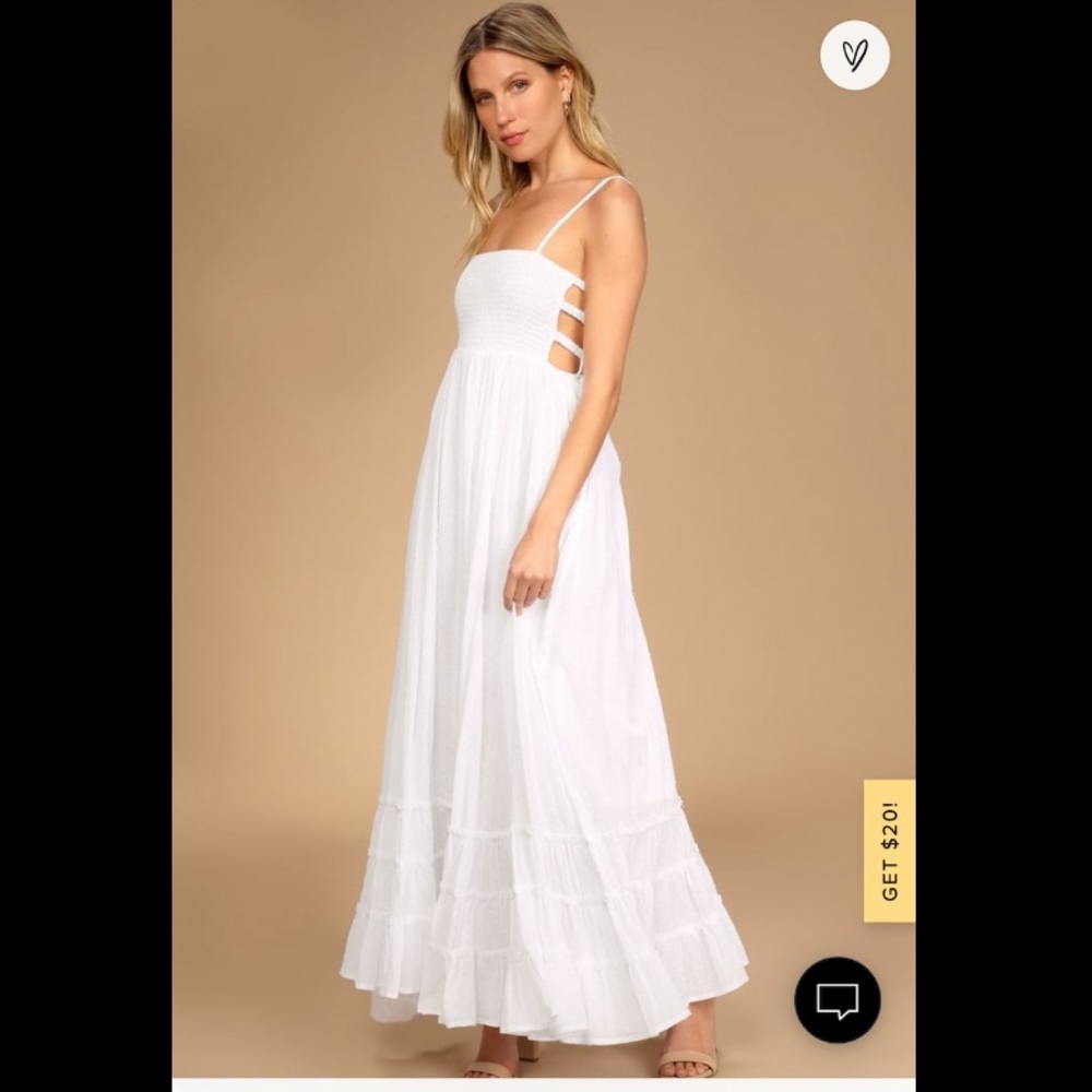 Serene Sunshine White Swiss Dot Smocked
Cutout Tiered Maxi Dress